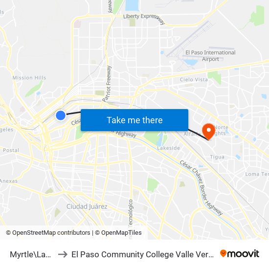 Myrtle\Langtry to El Paso Community College Valle Verde Campus map