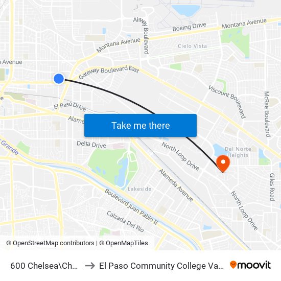 600 Chelsea\Chelsea Plaza to El Paso Community College Valle Verde Campus map