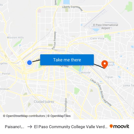 Paisano\Park to El Paso Community College Valle Verde Campus map