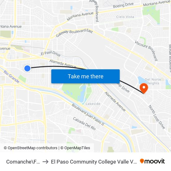 Comanche\Francis to El Paso Community College Valle Verde Campus map