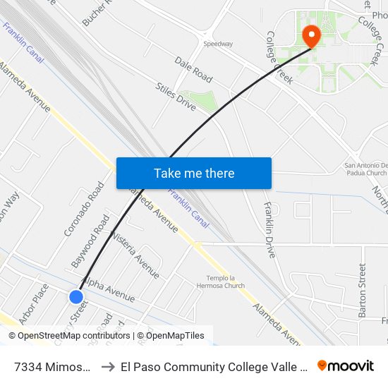 7334 Mimosa\Durrill to El Paso Community College Valle Verde Campus map