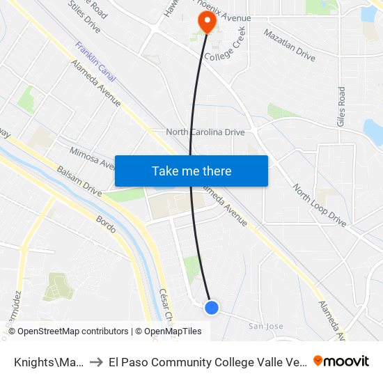 Knights\Maricela to El Paso Community College Valle Verde Campus map