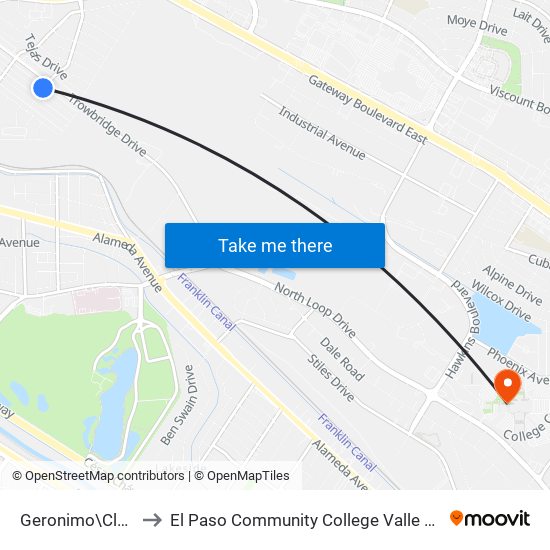 Geronimo\Cleveland to El Paso Community College Valle Verde Campus map