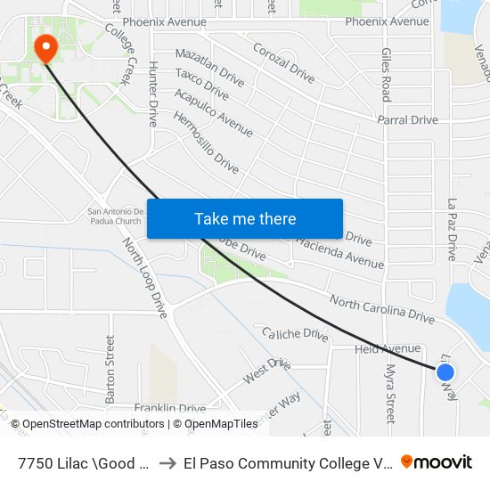 7750 Lilac \Good Sam. Towers to El Paso Community College Valle Verde Campus map