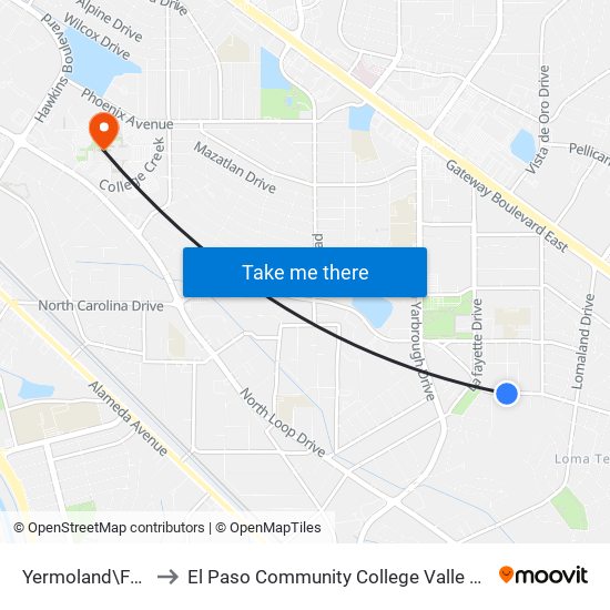 Yermoland\Francine to El Paso Community College Valle Verde Campus map