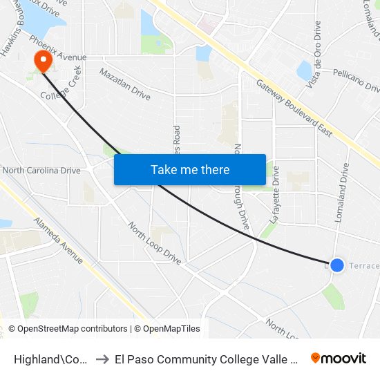 Highland\Courtland to El Paso Community College Valle Verde Campus map