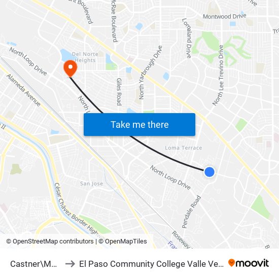 Castner\Montera to El Paso Community College Valle Verde Campus map