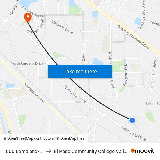 600 Lomaland\Holloway to El Paso Community College Valle Verde Campus map