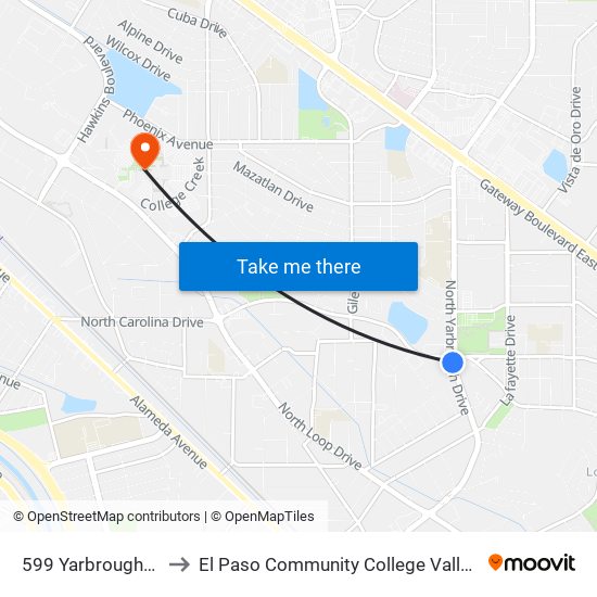 599 Yarbrough\Carolina to El Paso Community College Valle Verde Campus map