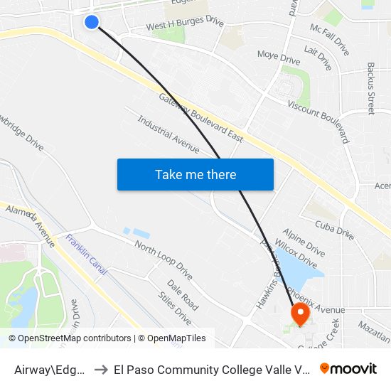 Airway\Edgemere to El Paso Community College Valle Verde Campus map