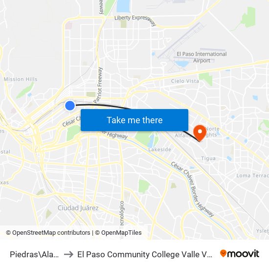 Piedras\Alameda to El Paso Community College Valle Verde Campus map