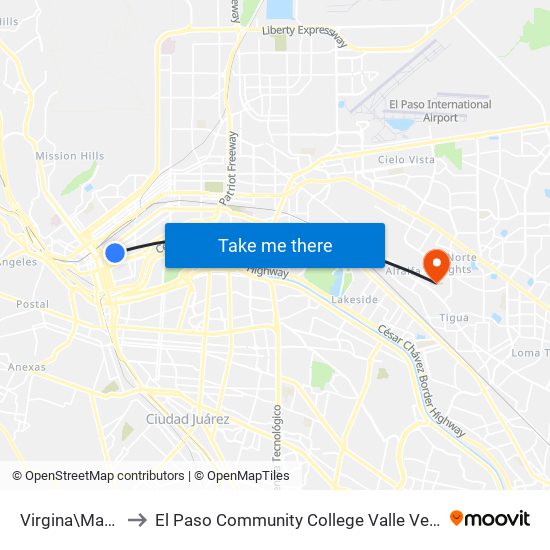 Virgina\Magoffin to El Paso Community College Valle Verde Campus map