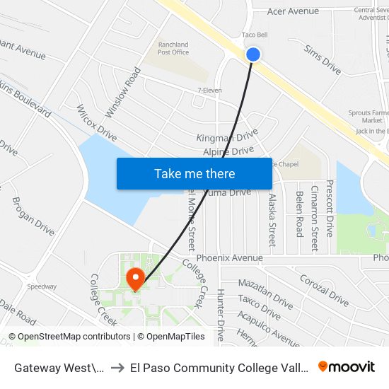 Gateway West\Viscount to El Paso Community College Valle Verde Campus map