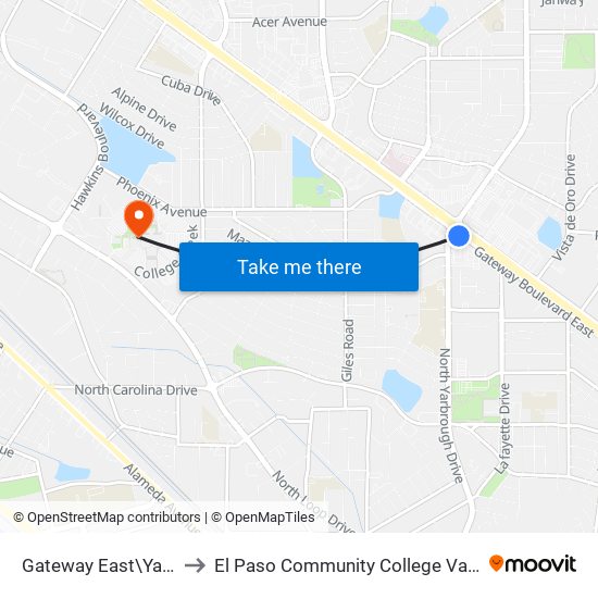 Gateway East\Yarbrough Dr. to El Paso Community College Valle Verde Campus map