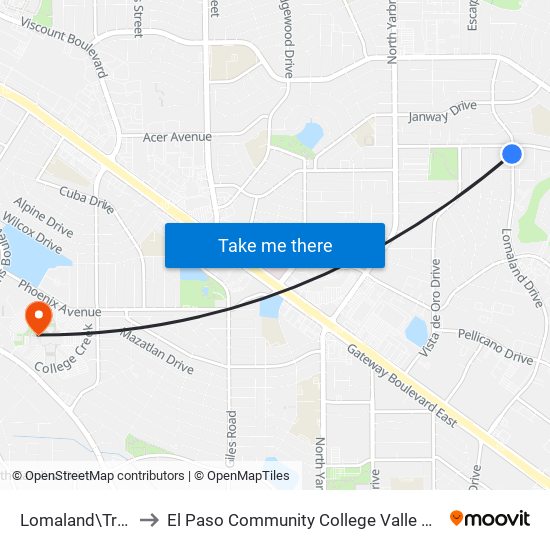 Lomaland\Trawood to El Paso Community College Valle Verde Campus map