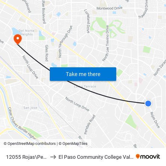 12055 Rojas\Peter Cooper to El Paso Community College Valle Verde Campus map