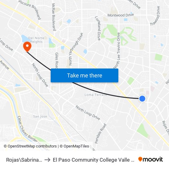 Rojas\Sabrina Lyn Dr. to El Paso Community College Valle Verde Campus map