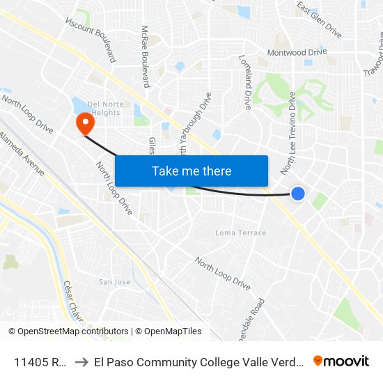 11405 Rojas to El Paso Community College Valle Verde Campus map