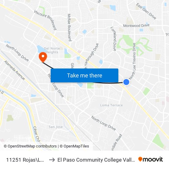 11251 Rojas\Lee Trevino to El Paso Community College Valle Verde Campus map
