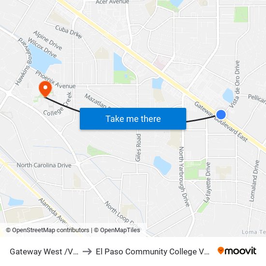 Gateway West /Vista De Oro to El Paso Community College Valle Verde Campus map