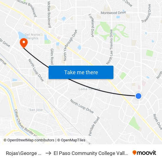Rojas\George Dieter Dr. to El Paso Community College Valle Verde Campus map