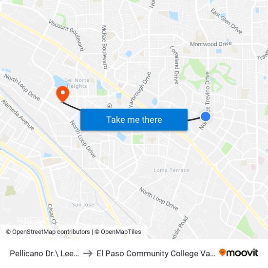 Pellicano Dr.\ Lee Trevino Dr. to El Paso Community College Valle Verde Campus map