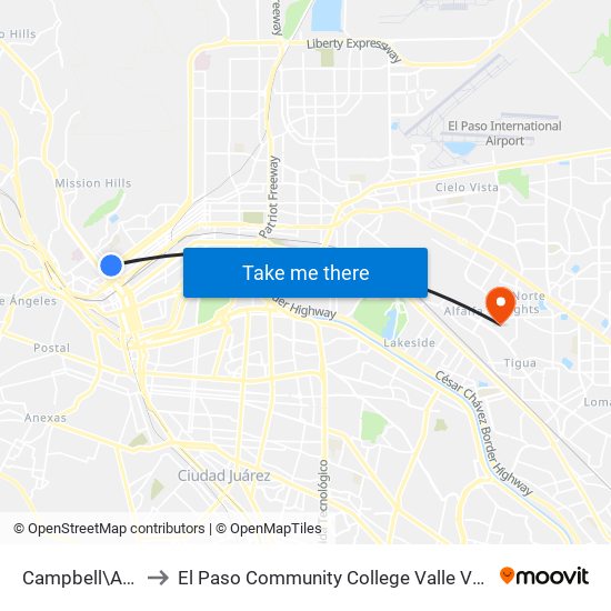 Campbell\Arizona to El Paso Community College Valle Verde Campus map