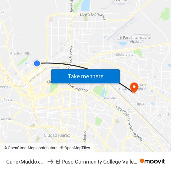 Curie\Maddox Eye Cntr to El Paso Community College Valle Verde Campus map