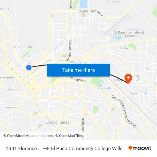 1301 Florence\Arizona to El Paso Community College Valle Verde Campus map