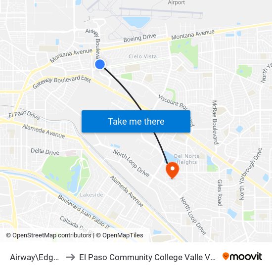 Airway\Edgemere to El Paso Community College Valle Verde Campus map