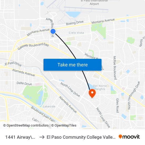 1441 Airway\Montana to El Paso Community College Valle Verde Campus map