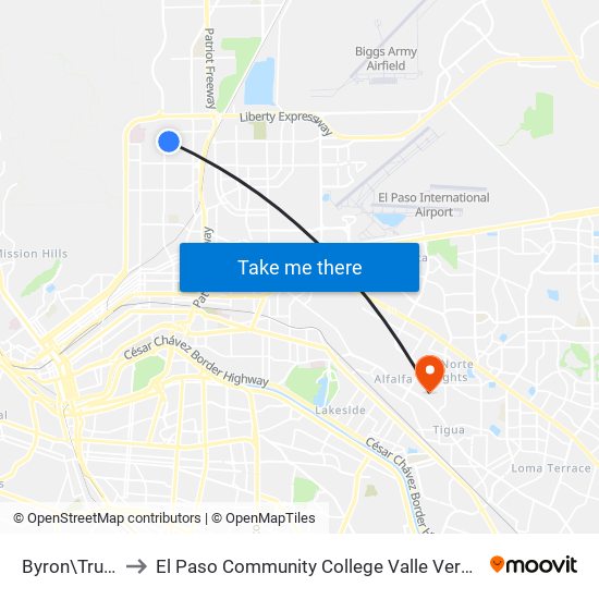 Byron\Truman to El Paso Community College Valle Verde Campus map