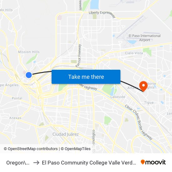 Oregon\Cliff to El Paso Community College Valle Verde Campus map