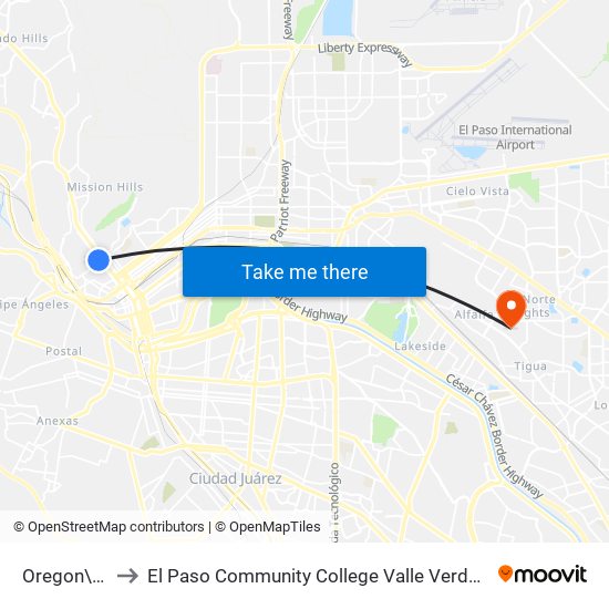 Oregon\Rim to El Paso Community College Valle Verde Campus map