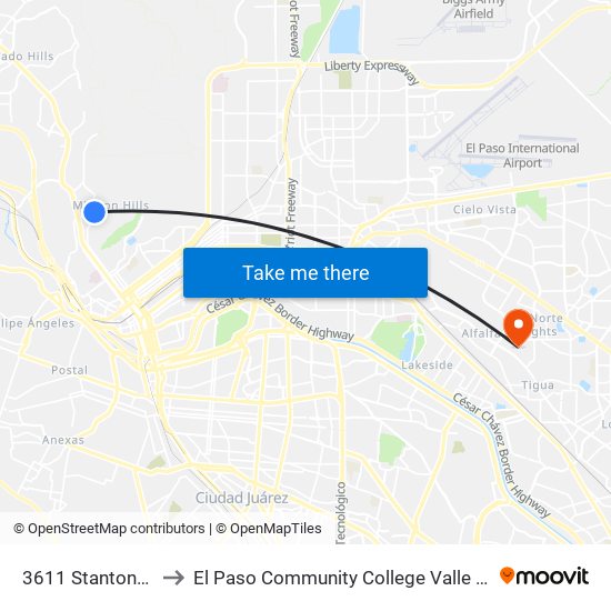 3611 Stanton\Mesita to El Paso Community College Valle Verde Campus map
