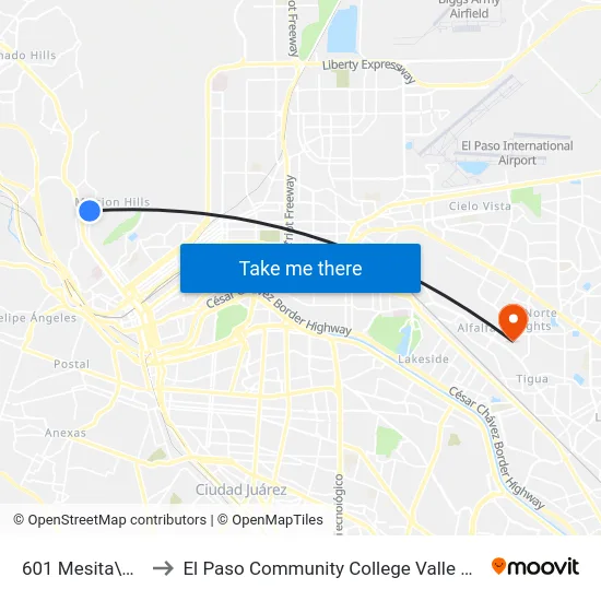 601 Mesita\O'Keefe to El Paso Community College Valle Verde Campus map