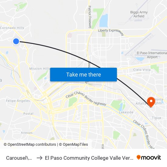Carousel\Rubin to El Paso Community College Valle Verde Campus map