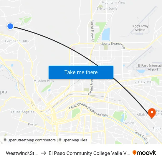 Westwind\Stardust to El Paso Community College Valle Verde Campus map