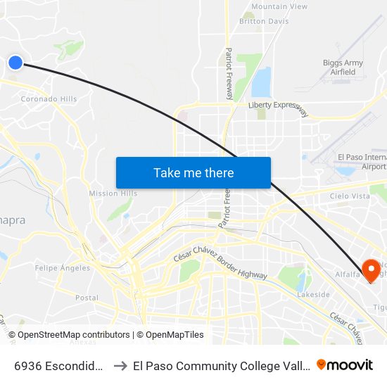 6936 Escondido\Alto Rey to El Paso Community College Valle Verde Campus map