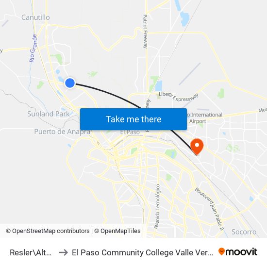 Resler\Alto Rey to El Paso Community College Valle Verde Campus map