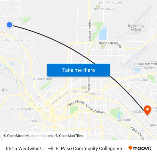 6615 Westwind\Escondido to El Paso Community College Valle Verde Campus map