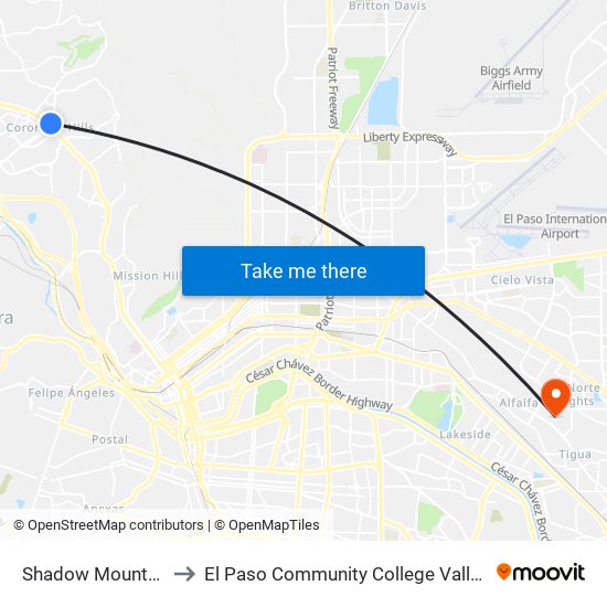 Shadow Mountain\Mesa to El Paso Community College Valle Verde Campus map