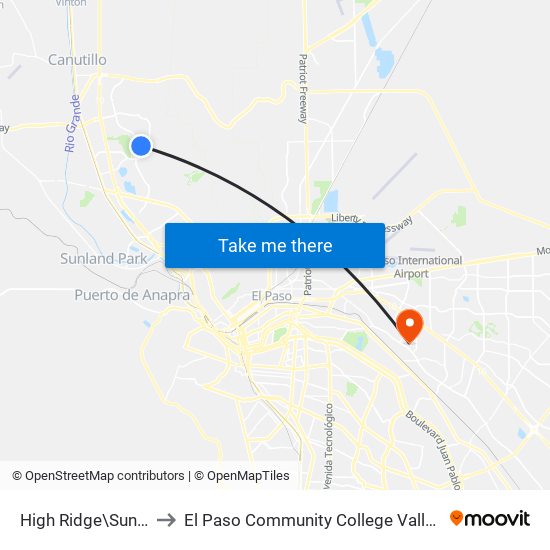 High Ridge\Sun Shadow to El Paso Community College Valle Verde Campus map