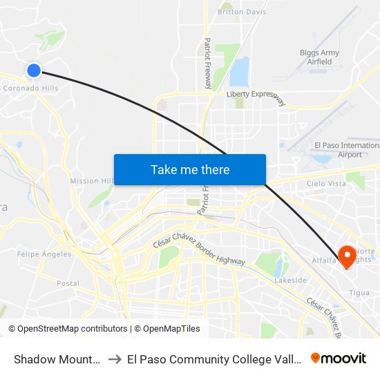 Shadow Mountain\Crest to El Paso Community College Valle Verde Campus map