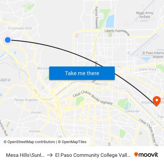 Mesa Hills\Sunland Park to El Paso Community College Valle Verde Campus map