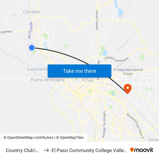 Country Club\Montoya to El Paso Community College Valle Verde Campus map