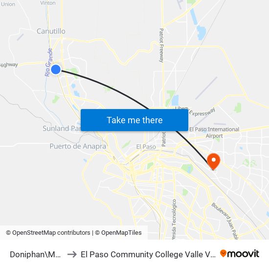 Doniphan\Montoya to El Paso Community College Valle Verde Campus map