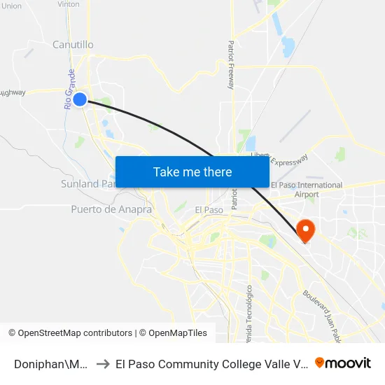 Doniphan\Montoya to El Paso Community College Valle Verde Campus map