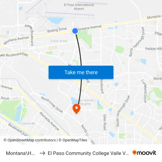 Montana\Hawkins to El Paso Community College Valle Verde Campus map