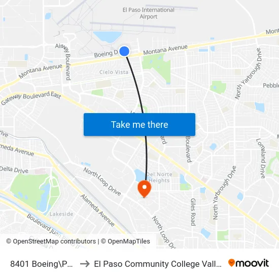 8401 Boeing\Post Office to El Paso Community College Valle Verde Campus map